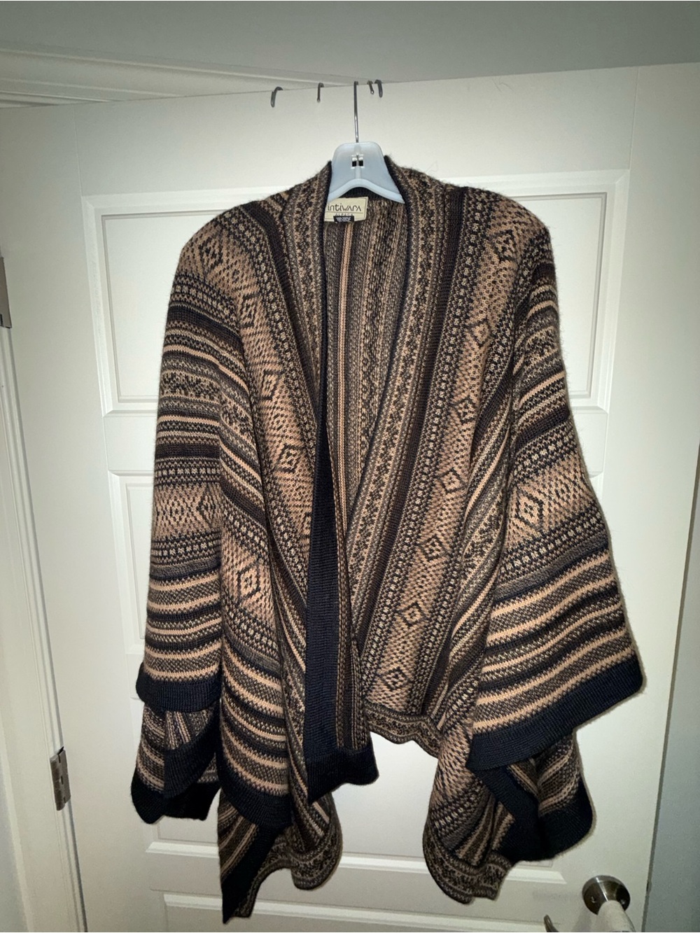 Knit Open-Front Poncho in Beige & Brown